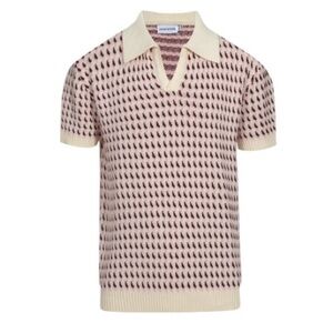 OXKNIT 60’’s Cream Knit Polo Shirt - Burgundy Micro Pattern Retro Style M